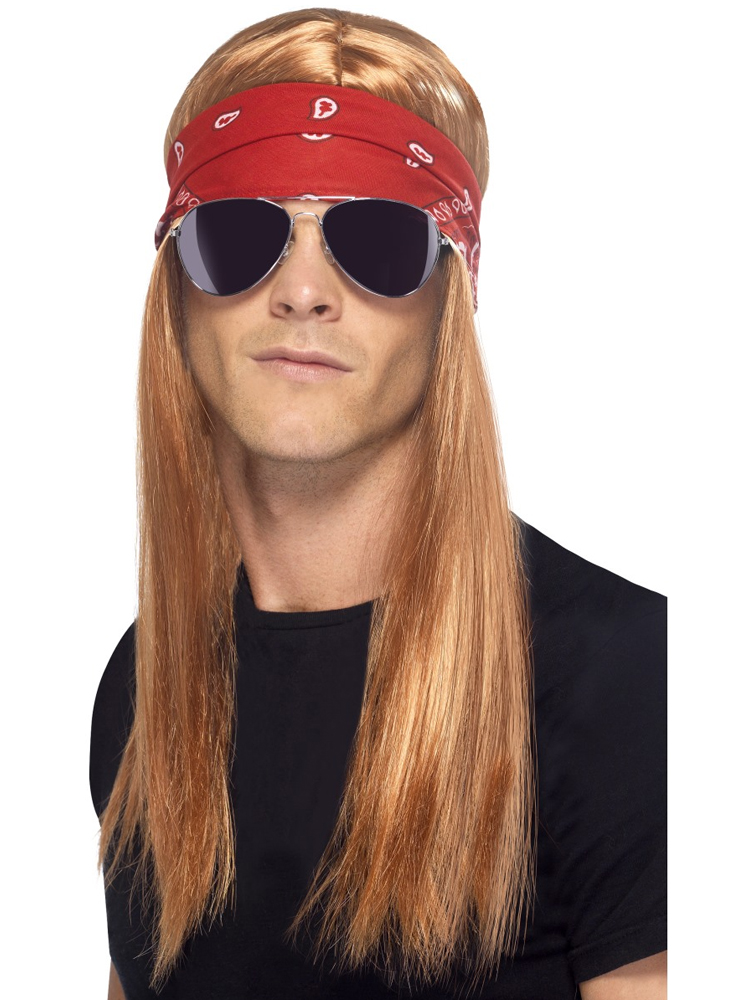 90'S Rocker Kit, With Auburn Wig With Bandana and Sunglasses