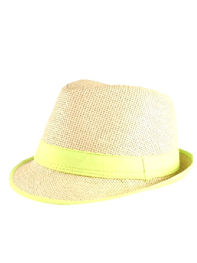 Straw Fedora Hat with Neon Green Trim   