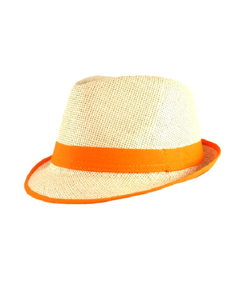 Straw Fedora Hat with Neon Orange Trim