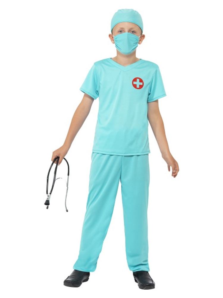 Surgeon Costume, Blue, Top, Trousers, Hat, Mask & Stethoscope