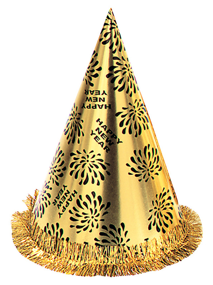 New Year Cone Hat with Tinsel Fringe - Gold