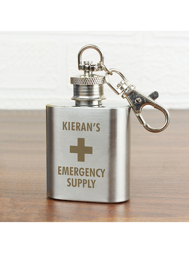 Personalised Emergency Supply 1oz Stainless Steel Hip Flask Keyring