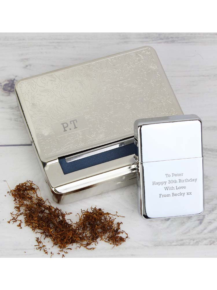 Personalised Tobacco Rolling Tin and Silver Lighter Set