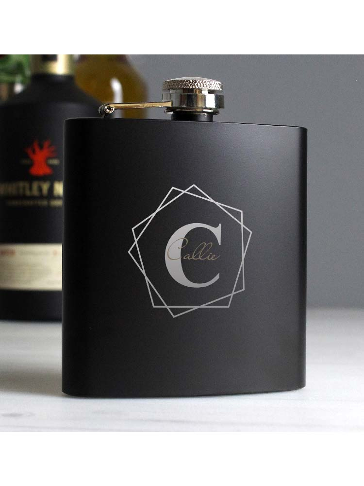 Personalised Geometric Initial Black Hip Flask