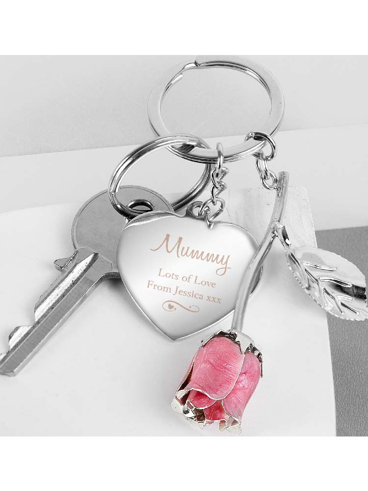 Personalised Silver Plated Swirls & Hearts Pink Rose Keyring