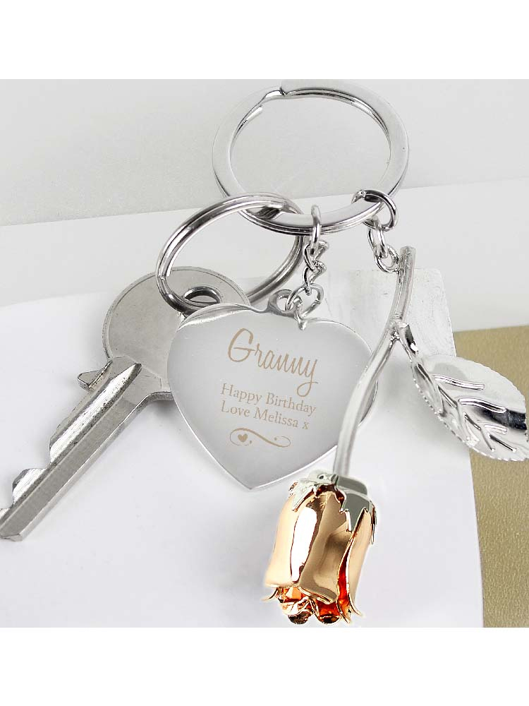 Personalised Silver Plated Swirls & Hearts Rose Gold Rose Keyring