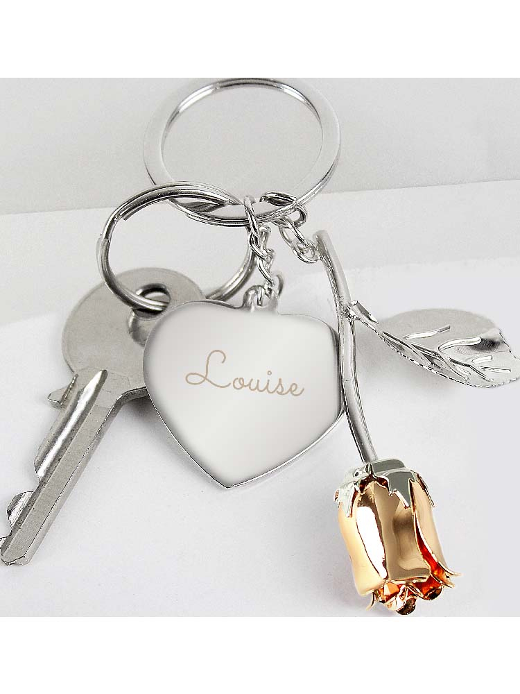 Personalised Silver Plated Name Rose Gold Rose Keyring