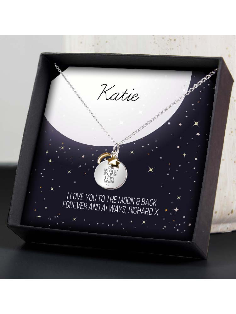 Personalised Sentiment Moon & Stars Sterling Silver Necklace and Box