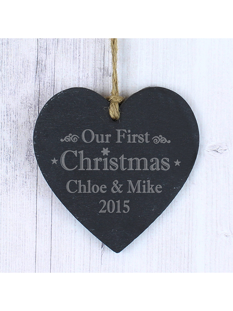 Personalised Our First Christmas Slate Heart Decoration