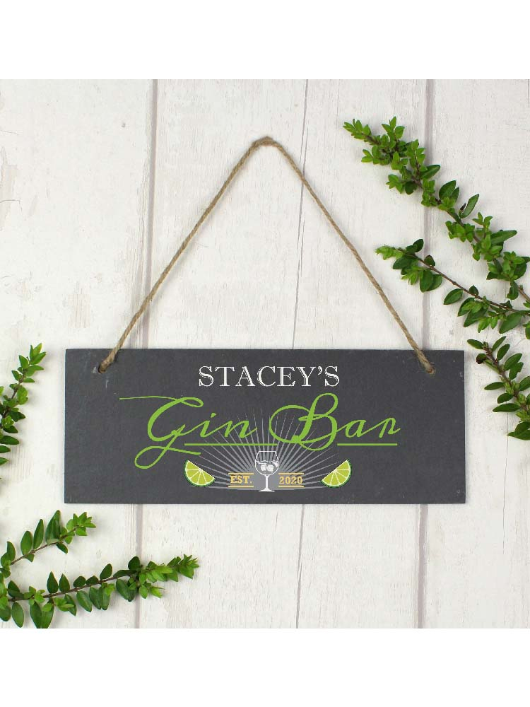 Personalised "Gin Bar" Printed Hanging Slate Plaque