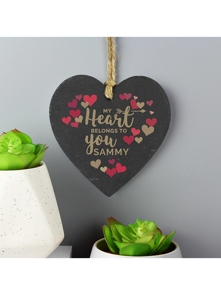 Personalised 'My Heart Belongs To You' Confetti Hearts Printed Slate Heart Decoration