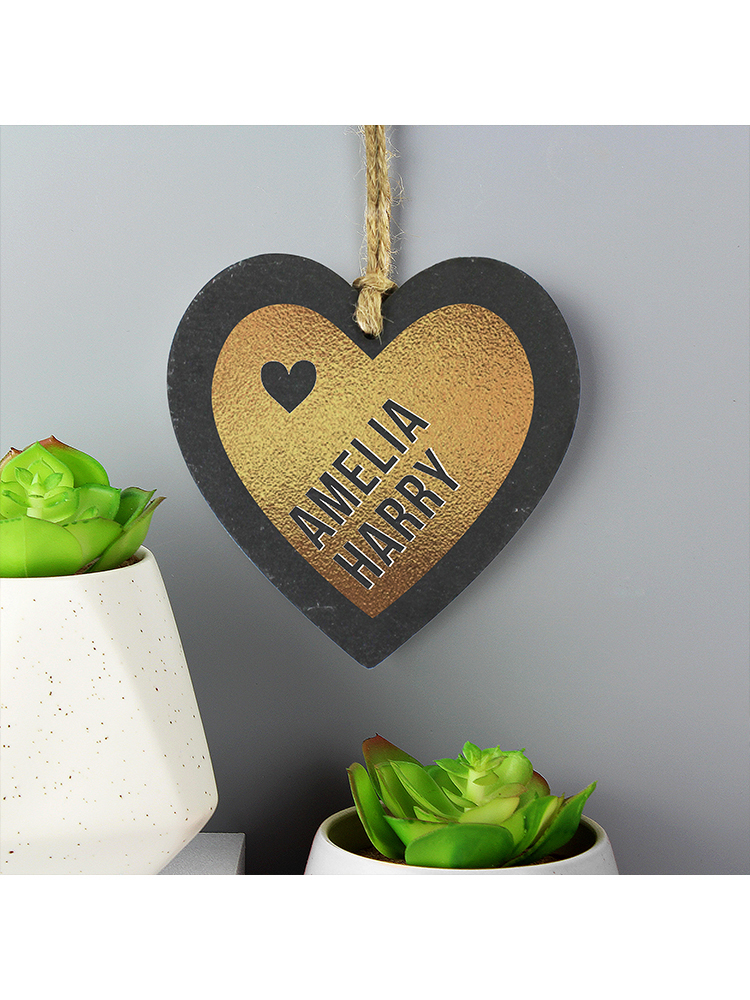 Personalised Couples Gold Printed Slate Heart Decoration