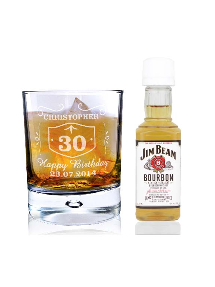 Personalised Whiskey Style Glass & Bourbon Whisky Miniature Set