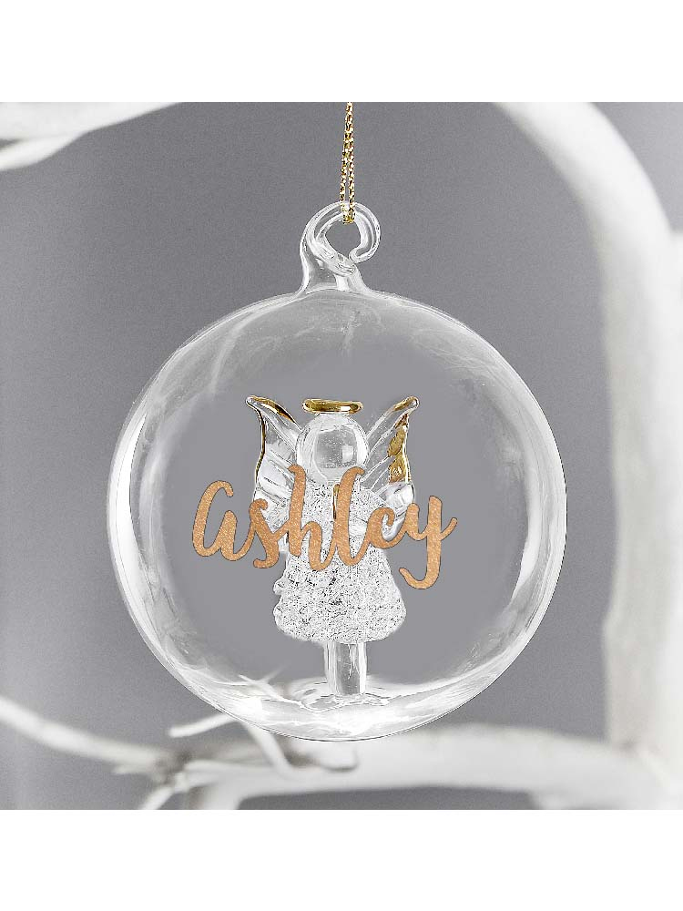 Personalised Gold Glitter Name Only Angel Glass Bauble