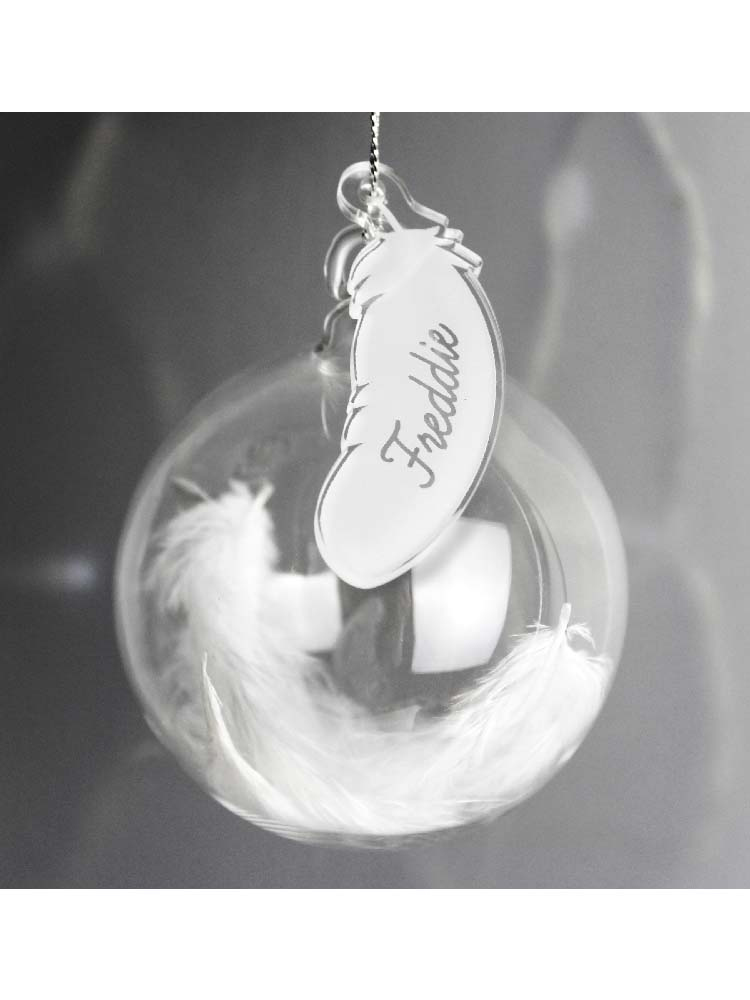 Personalised White Feather Glass Bauble