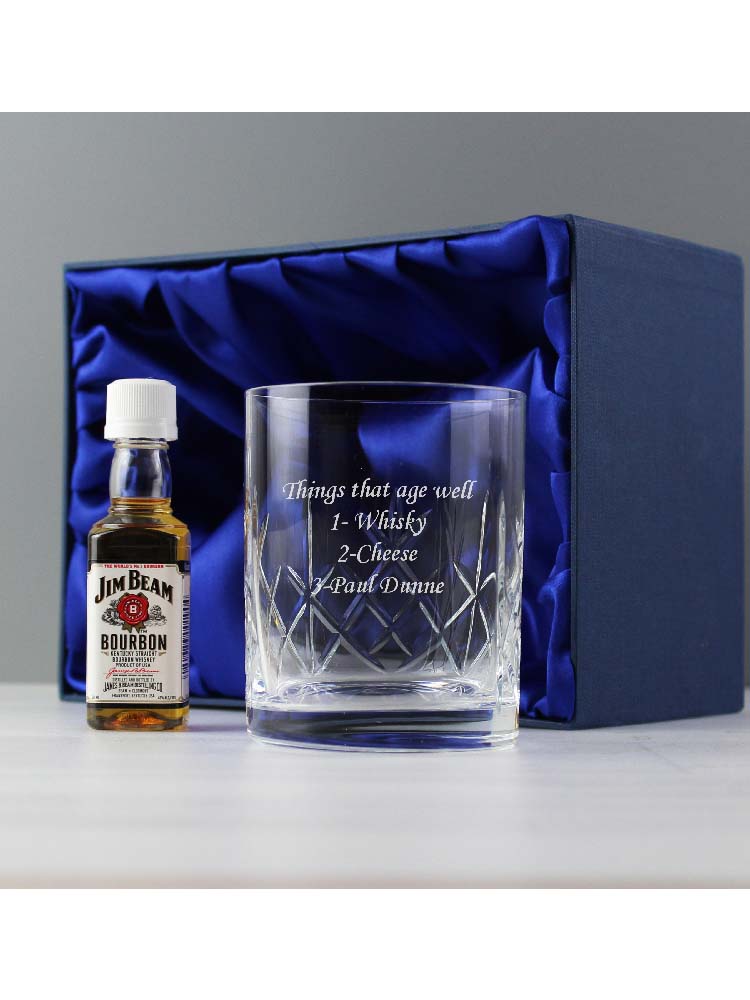 Personalised Cut Crystal Glass & Bourbon Whiskey Miniature Set