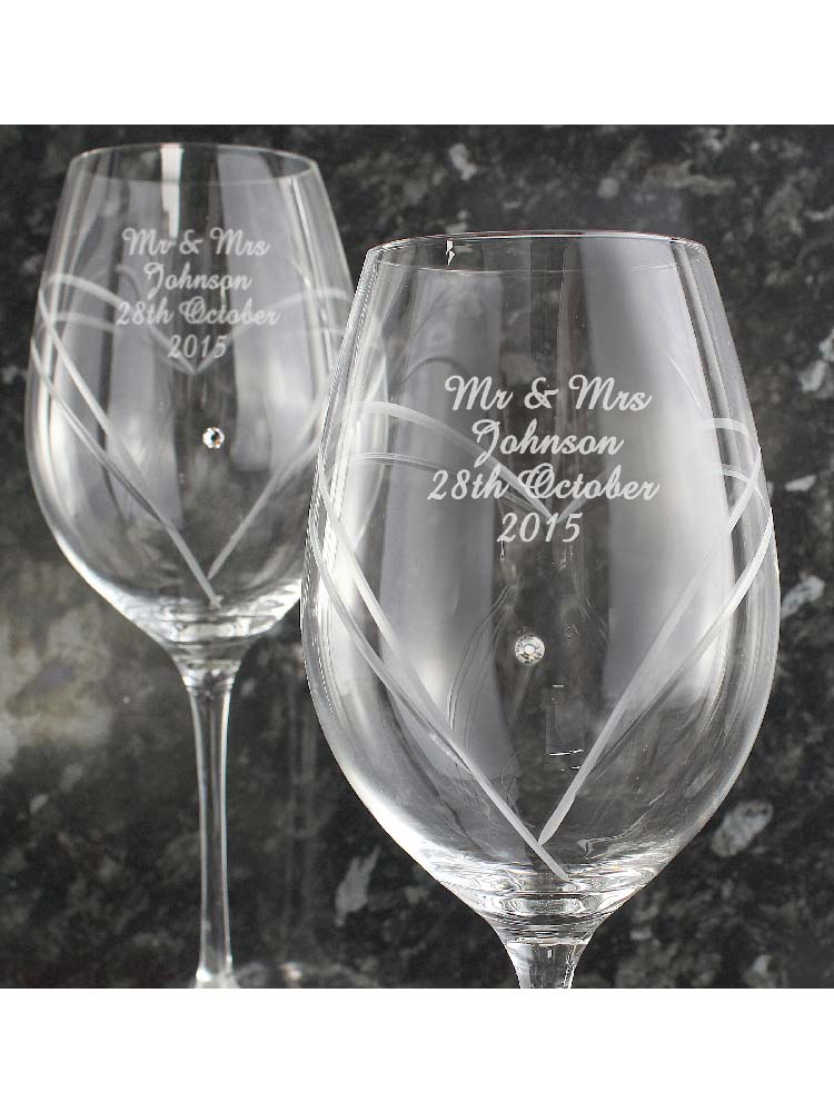 Personalised Hand Cut Diamante Heart Wine Glasses with Swarovski Elements