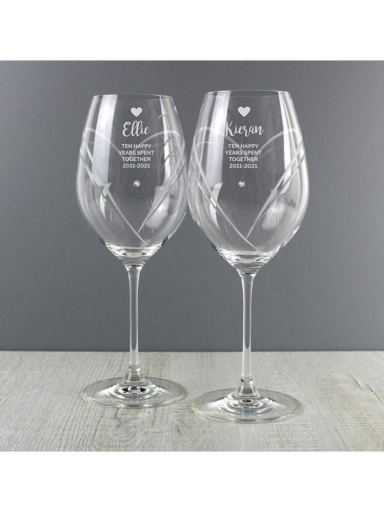 Personalised Free Text Hand Cut Heart Pattern Pair of Wine Glasses with Swarovski Elements