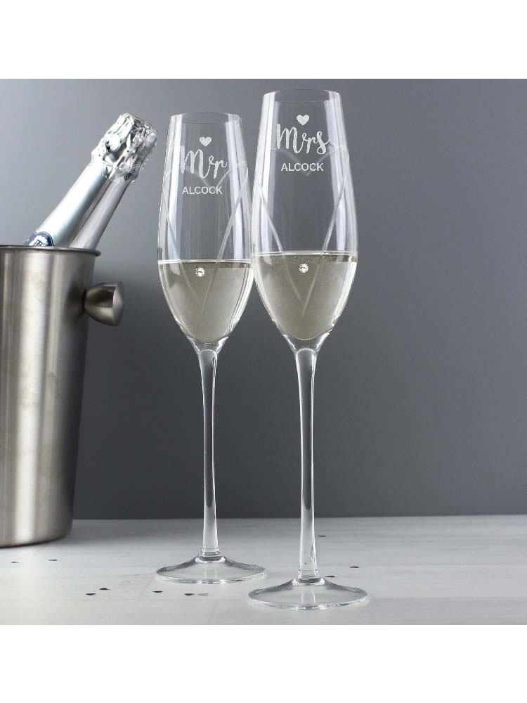 Personalised Hand Cut Mr & Mrs Pair of Flutes with Swarovski Elements in Gift Box