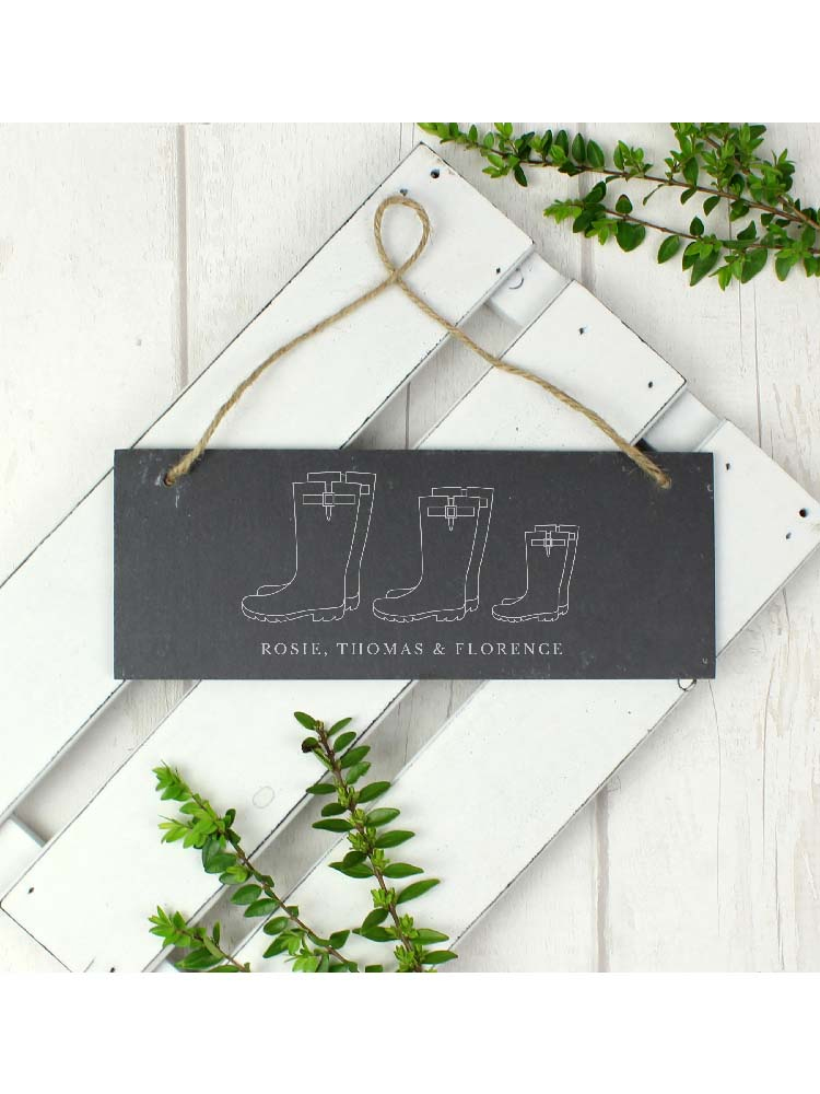 Personalised Welly Boot Family of Three Hanging Slate Plaque