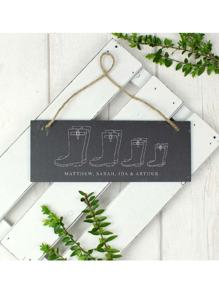 Personalised Welly Boot Family of Four Hanging Slate Plaque