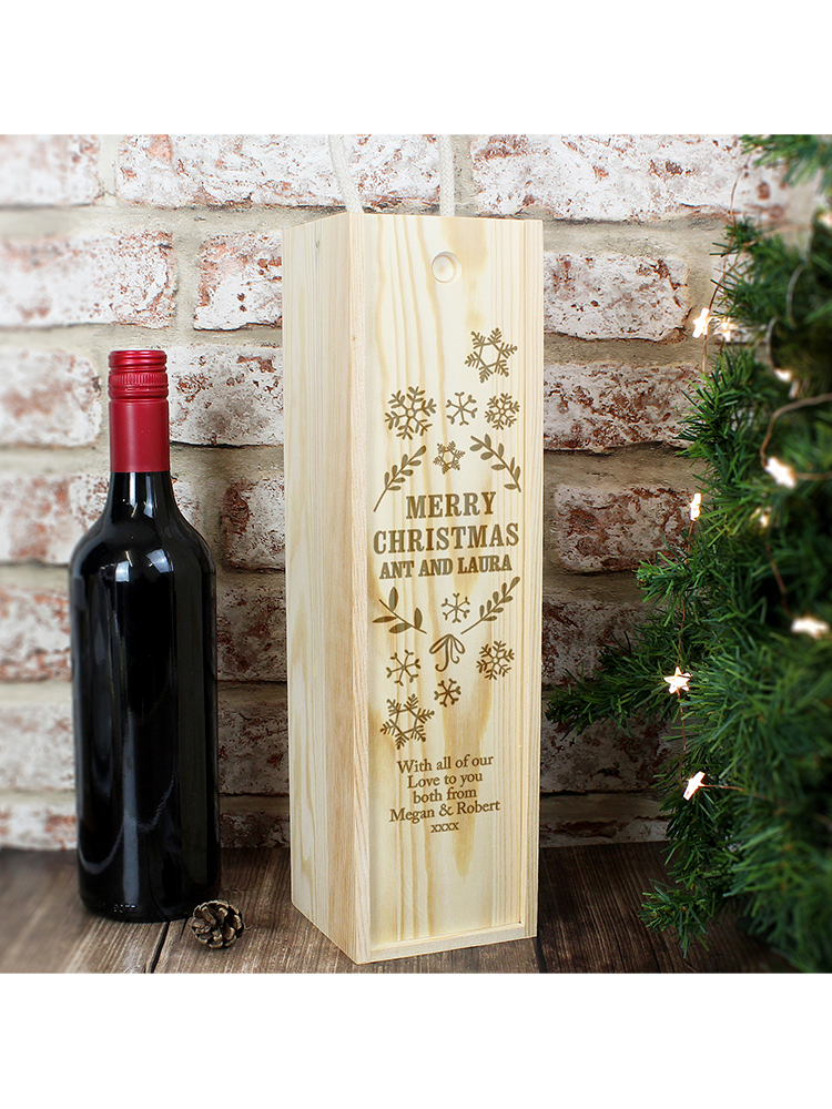 Personalised Christmas Frost Wooden Wine Bottle Box