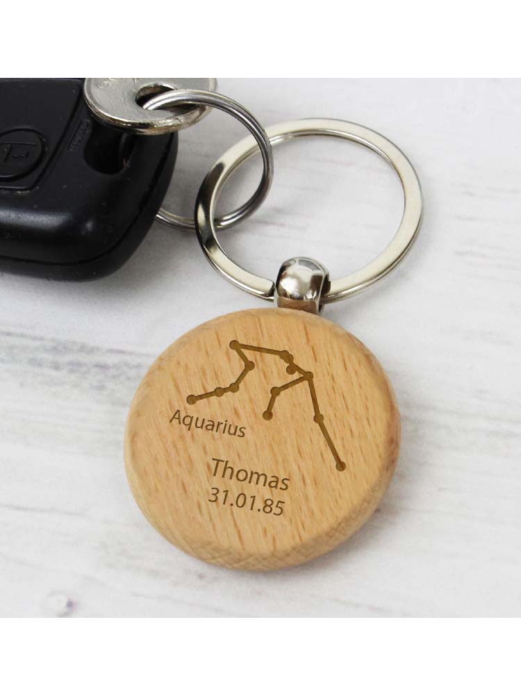 Personalised Aquarius Zodiac Star Sign Wooden Keyring (January 20th - February 18th)