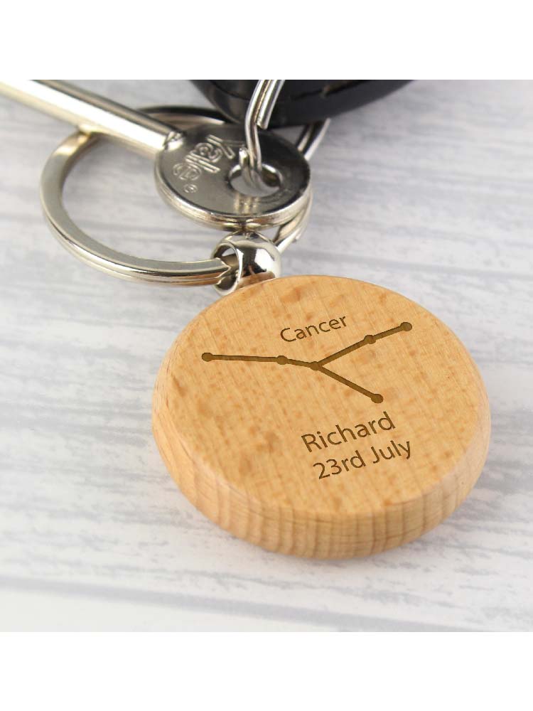 Personalised Cancer Zodiac Star Sign Wooden Keyring (June 21st - July 22nd)