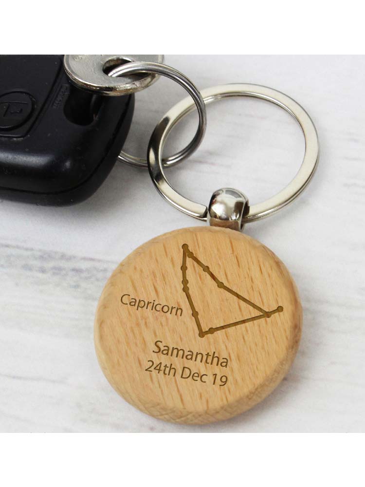 Personalised Capricorn Zodiac Star Sign Wooden Keyring (December 22nd - 19th January)