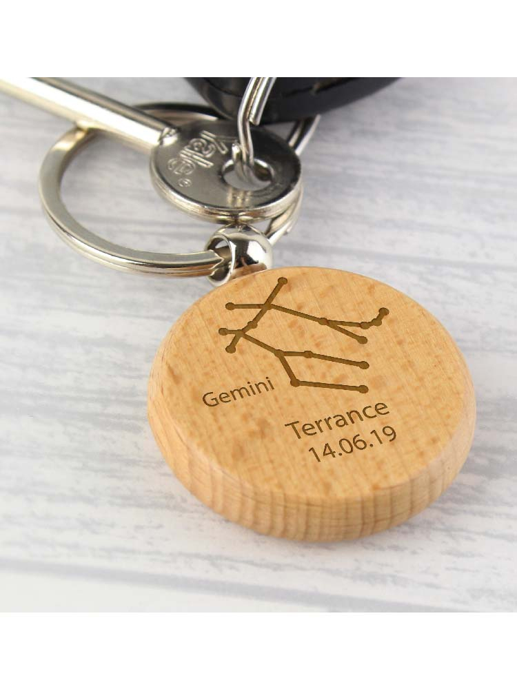 Personalised Gemini Zodiac Star Sign Wooden Keyring (May 21st - June 20th)