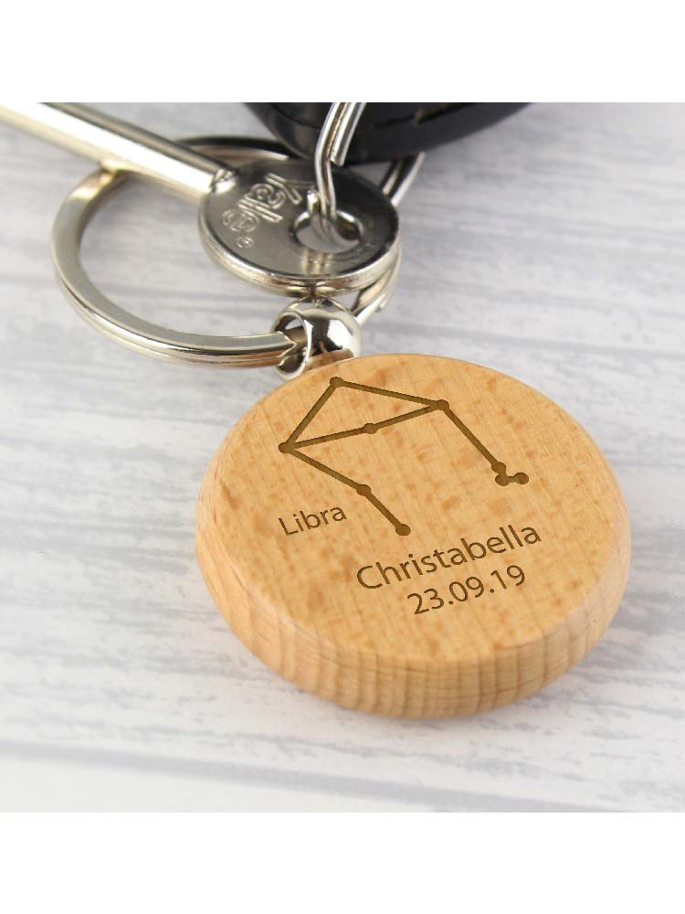 Personalised Libra Zodiac Star Sign Wooden Keyring (September 23rd - October 22nd)