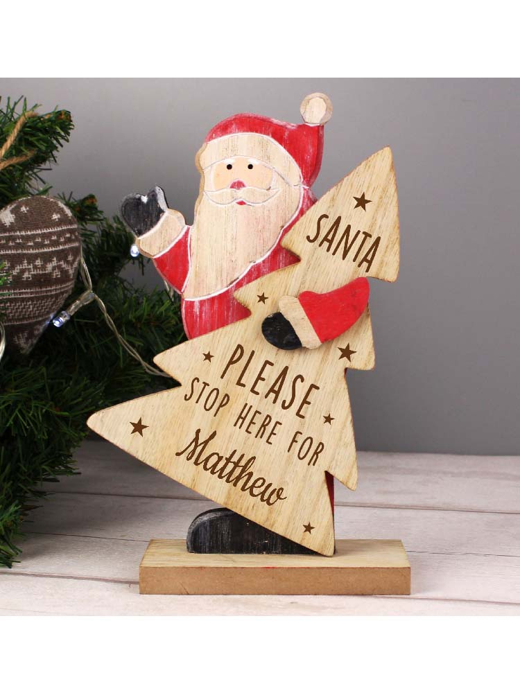 Personalised Santa Stop Here Wooden Santa Decoration