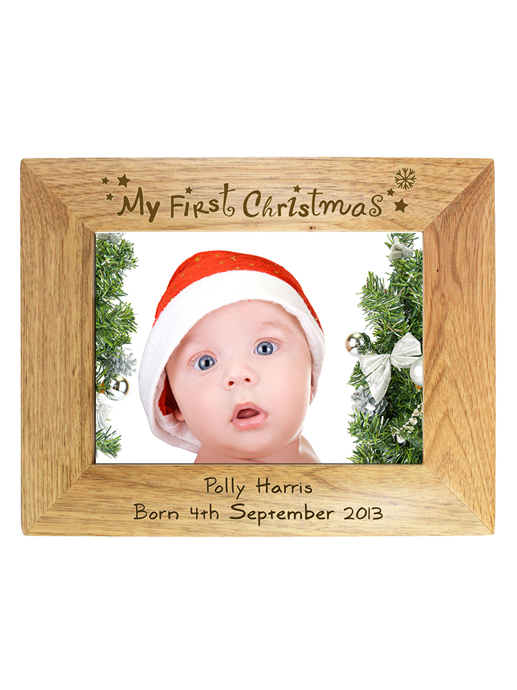 Personalised My First Christmas 7x5 Landscape Wooden Photo Frame