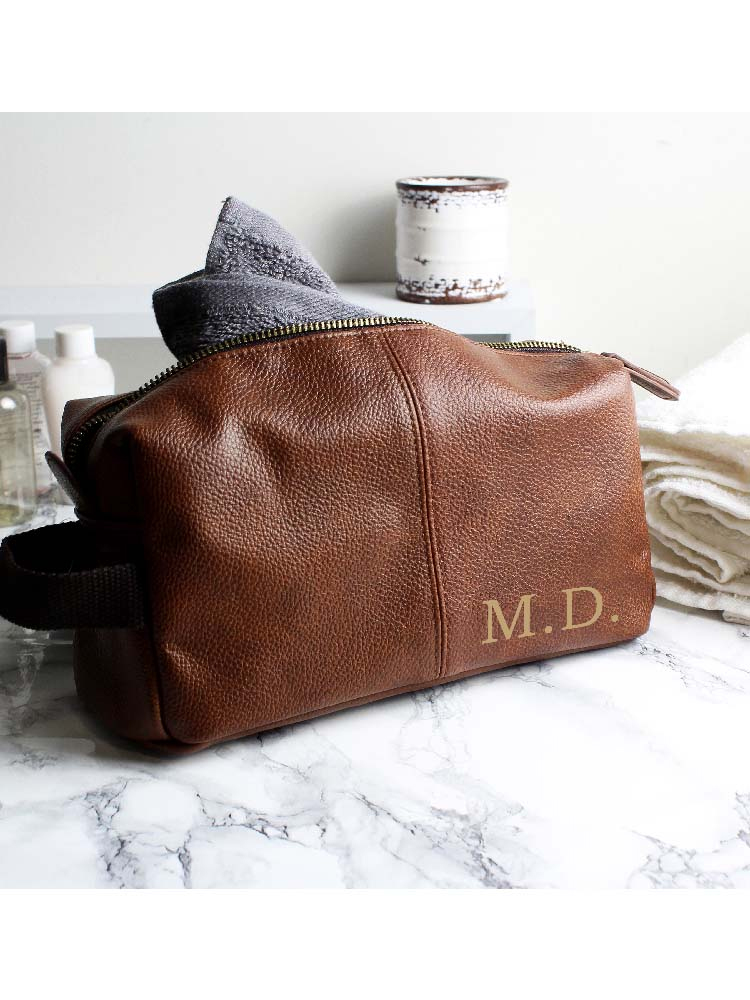 Personalised Luxury Initials Brown Leatherette Wash Bag