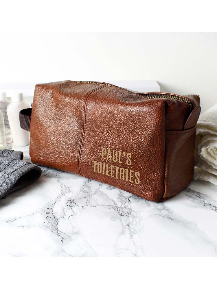 Personalised Luxury Brown leatherette Wash Bag