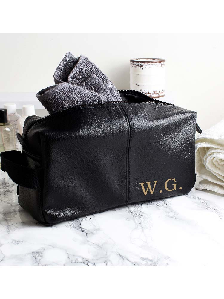 Personalised Luxury Initials Black leatherette Wash Bag