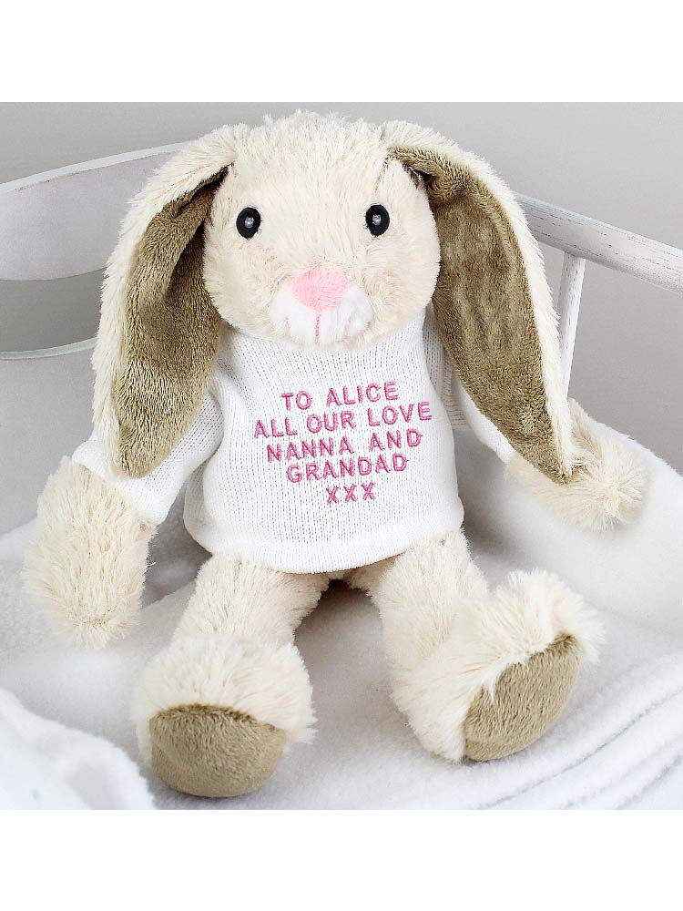 Personalised Message Bunny Rabbit In Cream Jumper - Pink Embroidery