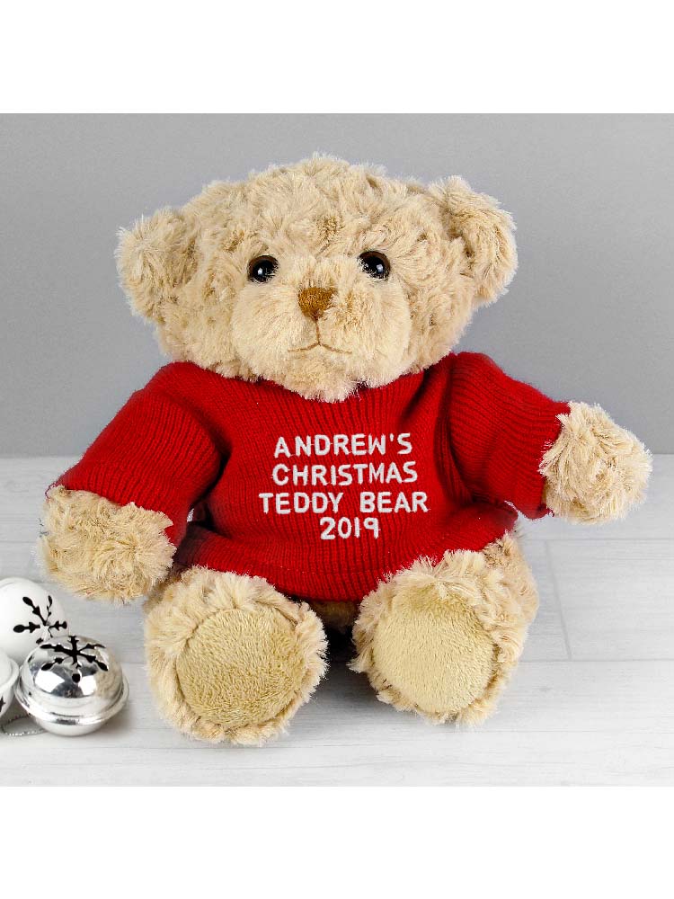 Personalised Christmas Message Teddy Bear in Red Jumper