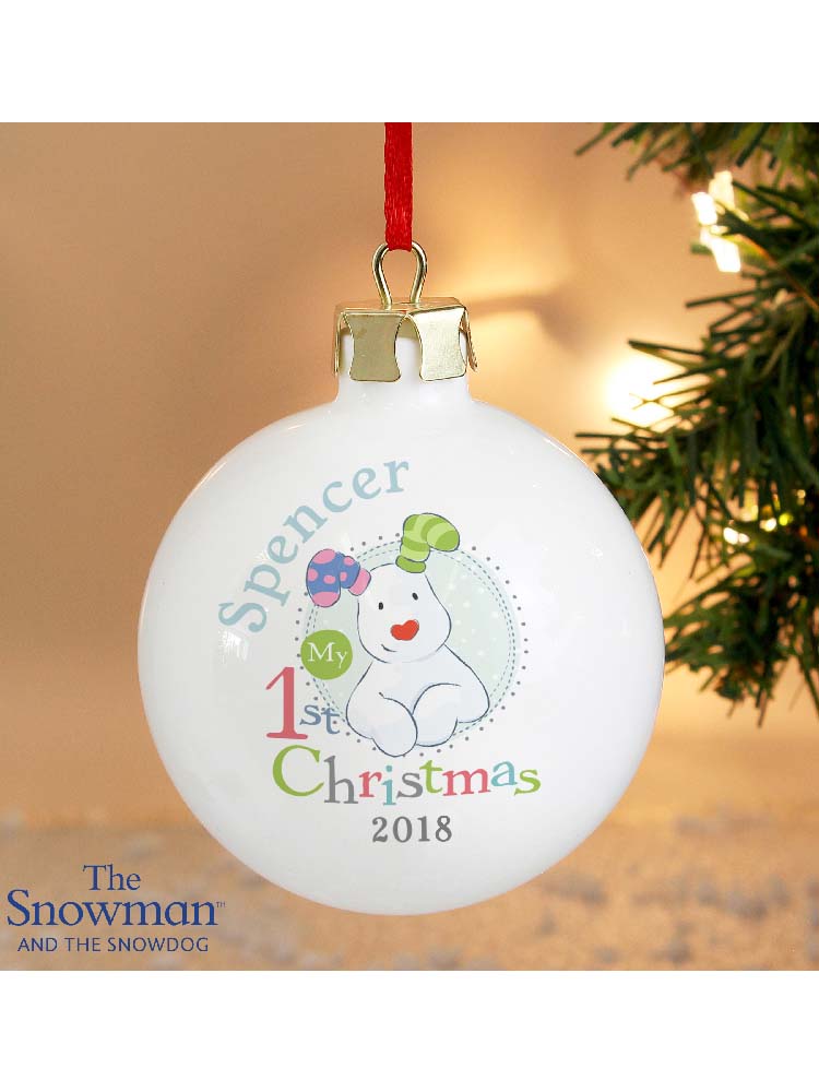 Personalised The Snowman and the Snowdog My 1st Christmas Blue Bauble