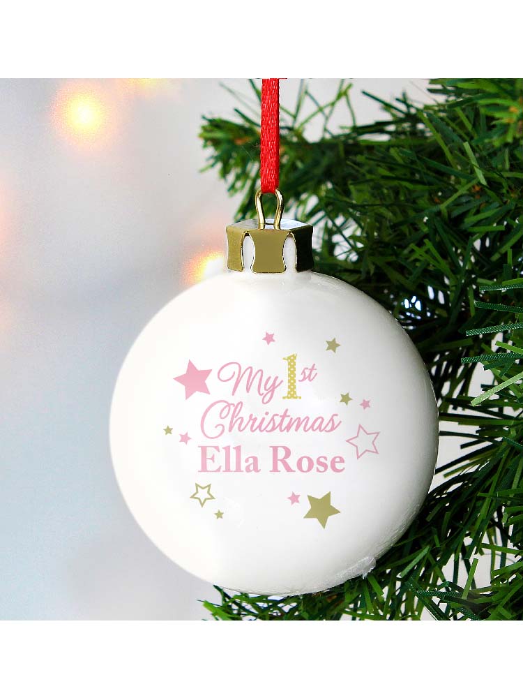 Personalised Gold & Pink Stars My 1st Christmas Bauble Novelties