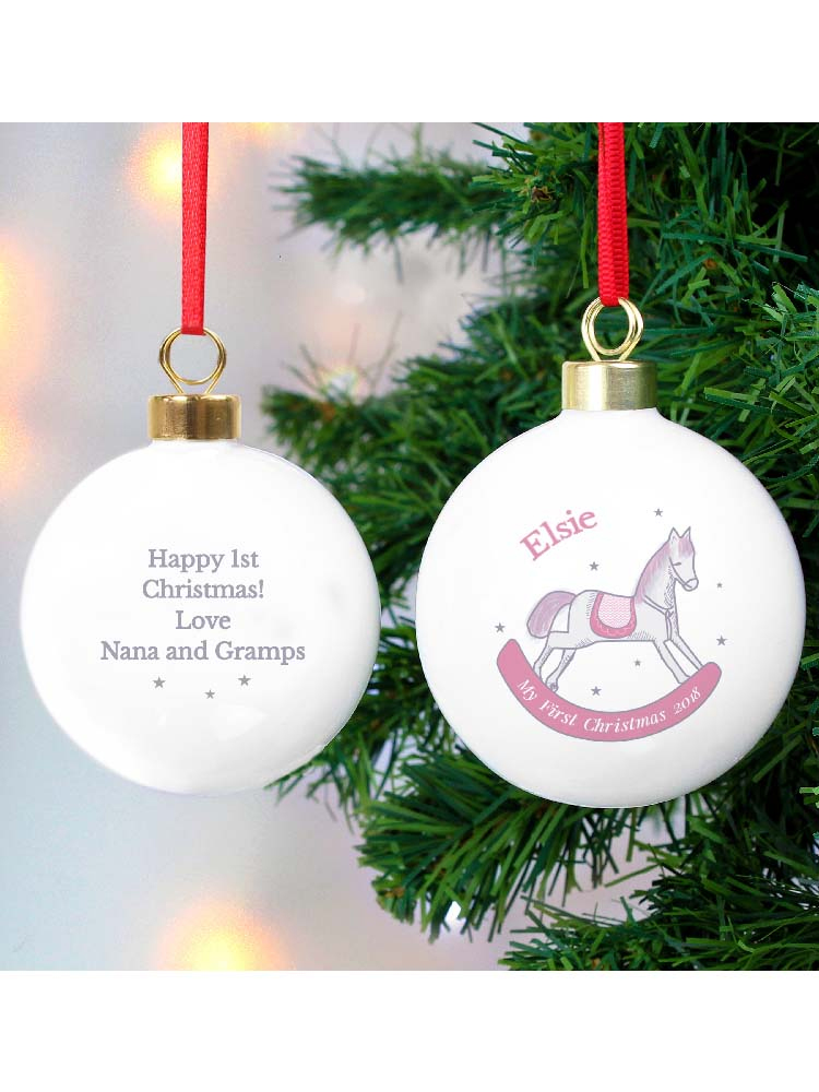 Personalised 1st Christmas Pink Rocking Horse Bauble