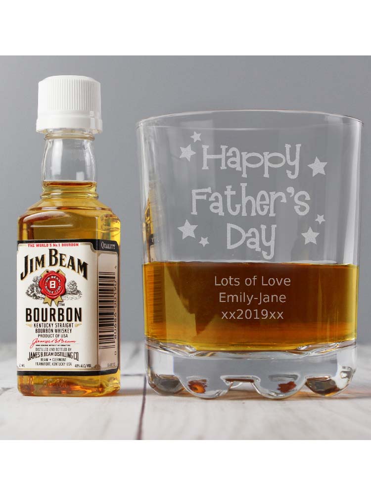 Personalised Happy Father's Day Glass & Bourbon Whiskey Miniature Set