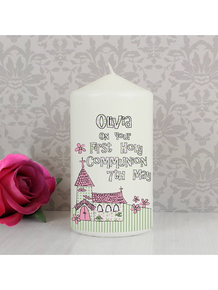 Personalised Whimsical Church Pink 1st Holy Communion Candle