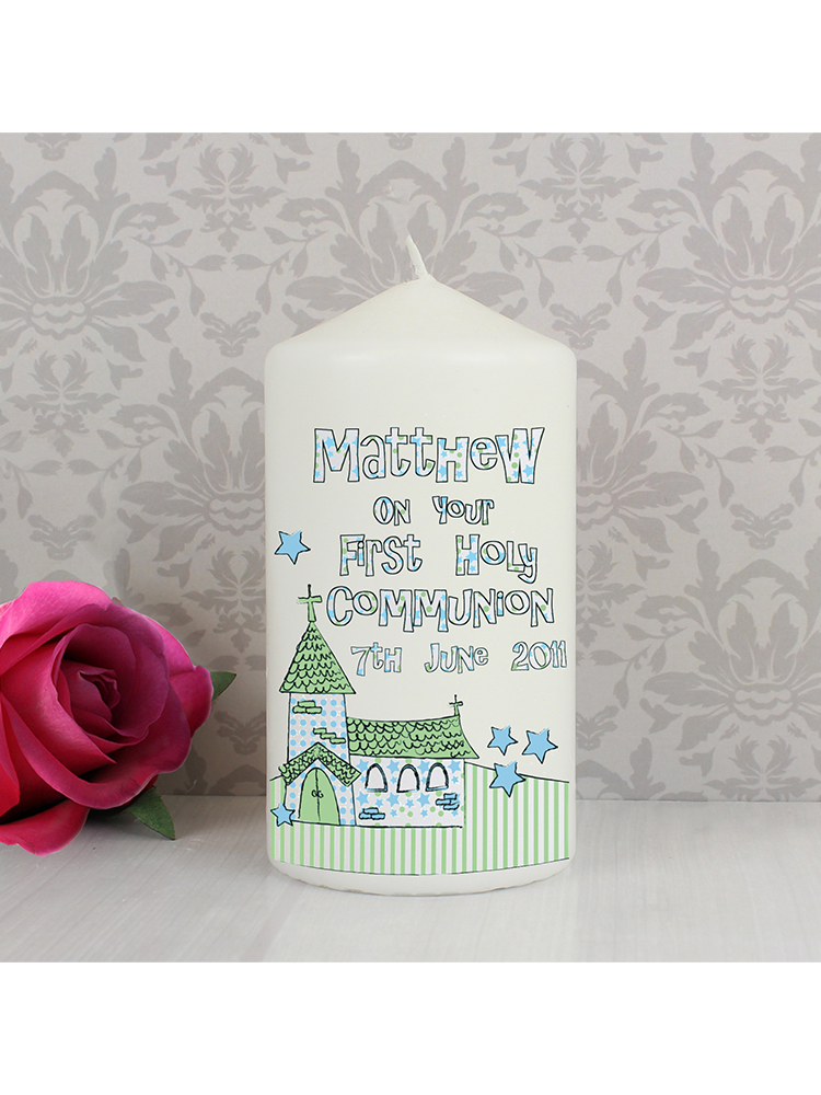 Personalised Whimsical Church Blue 1st Holy Communion Candle
