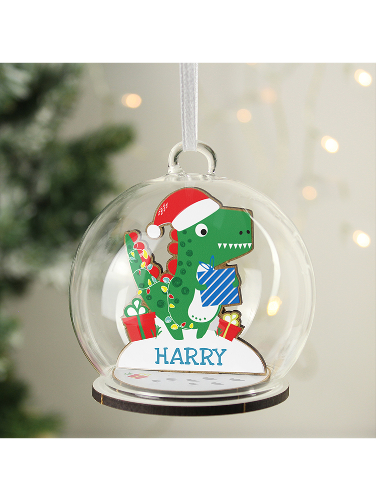 Personalised Wooden Dinosaur Glass Bauble