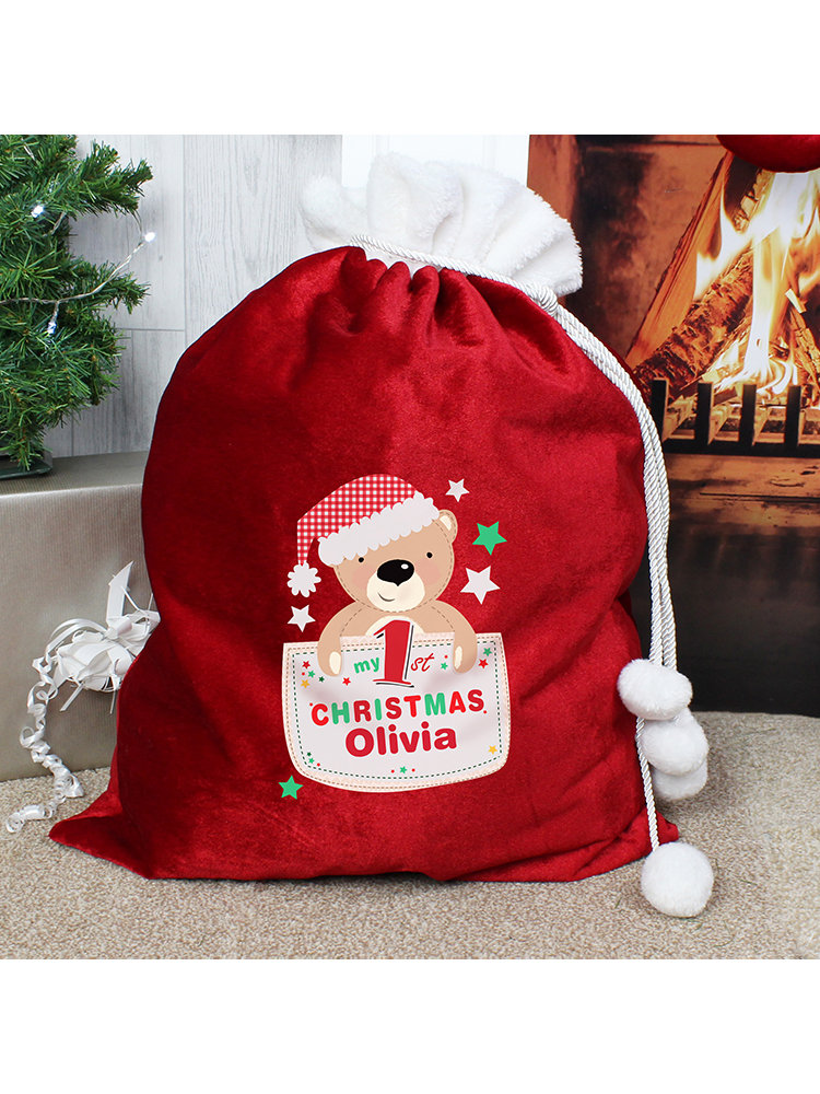 Personalised Pocket Teddy My 1st Christmas Luxury Pom Pom Sack