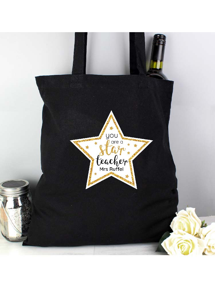 Personalised Star Teacher Black Cotton Bag