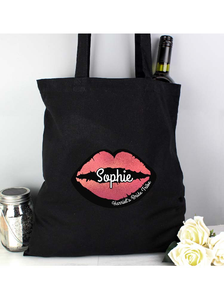 Personalised Rose Gold Lips Hen Party Black Cotton Bag