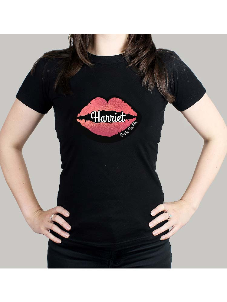 Personalised Rose Gold Lips Hen Party T-Shirt - Black Medium