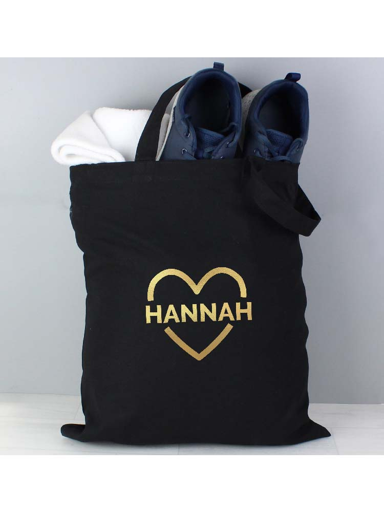 Personalised Gold Heart Black Cotton Bag